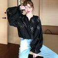 Load image into Gallery viewer, Shirt Blouse Lace Lantern Sleeve Free Size Black Loose Cute
