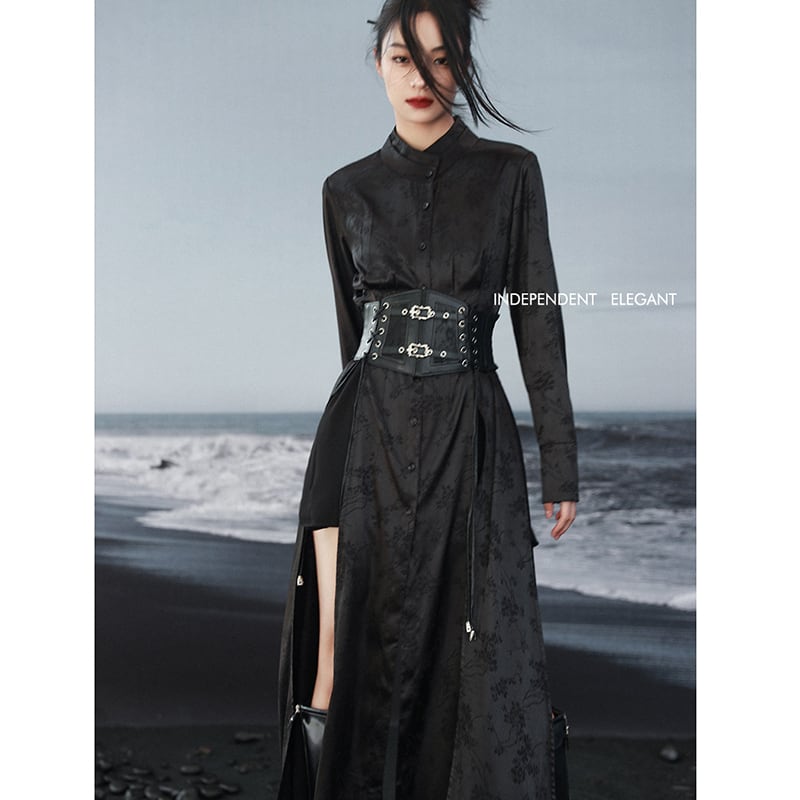 [Big Blue Dragon Series]★China style shirt★Long length shirt slit original black black slimming fashionable