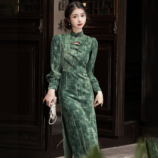 [Daughter Fish Series] ★Cheongsam dress★ Chinese style piece velvet bamboo pattern bamboo green size S~4L