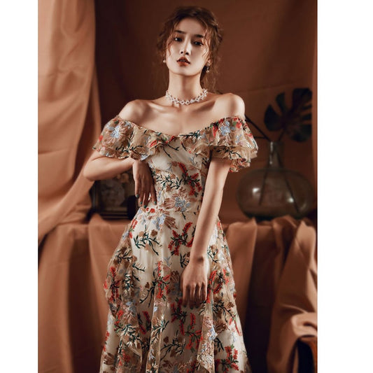 [YUWANRU Series] ★Party Dress★ Embroidery Dress Floral Pattern Sexy Party Dress Wedding