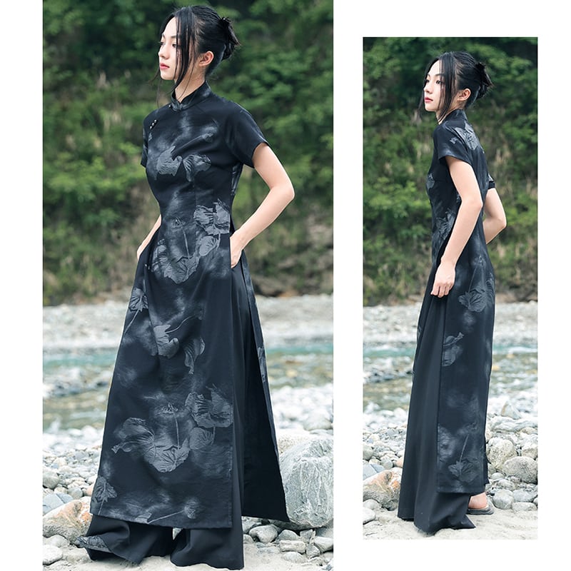 [Big Blue Dragon Series] ★China style tops★ Long tops, slit dress, design, slimming, floral pattern