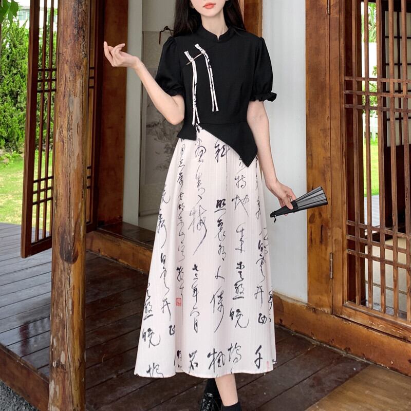 [DONGXIAOJIE series]★China style dress★ Letter pattern ribbon summer clothes fake layered large size slimming