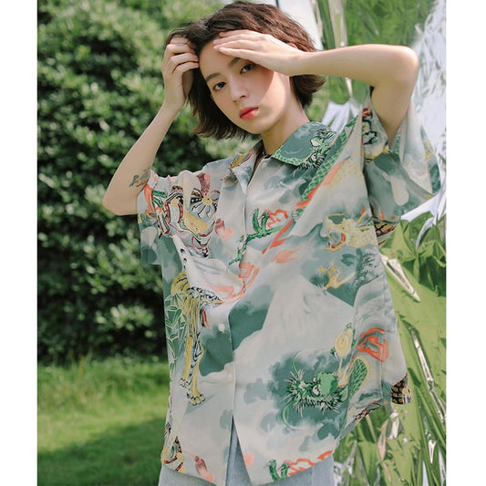 [Yang's Great Dream Series] ★China Style Shirt★ Tops Dragon Crest Dragon Pattern Dragon Print Short Sleeve Shirt Thin Summer Clothes Original