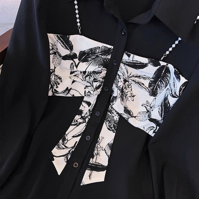 [BAITANG series] ★China style shirt★ 2color tops long sleeve shirt fake layered ink pattern black white