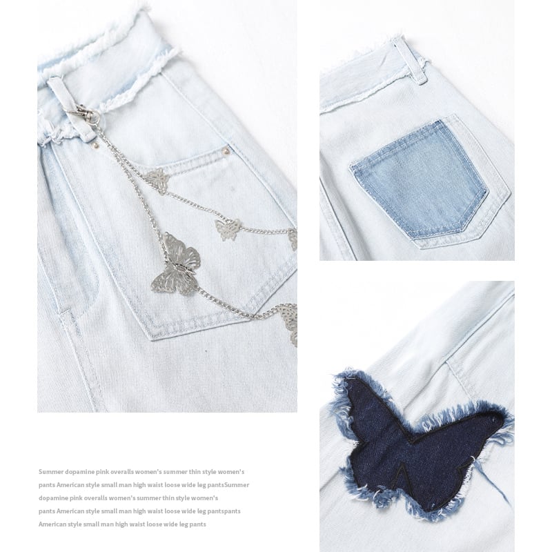 [ZIRANSE Series] ★Denim pants★ Bottoms with metal chain Pants Butterfly Slimming Ladies Blue Blue XS S M L XL