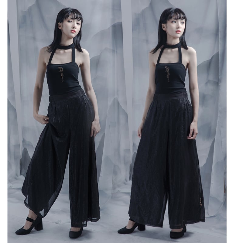 [Kyodo Series]★China style camisole★ Sexy embroidered knit tops Black Black SML Easy to match