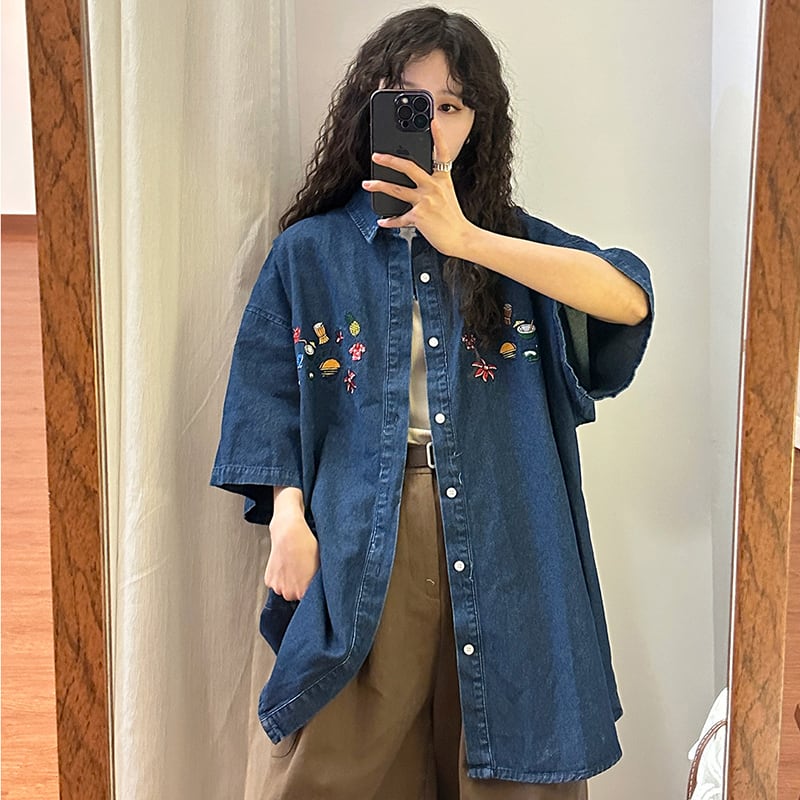 [PUDUN Series]★Denim shirt★ Tops, short sleeve shirt, unisex, men's, unique, embroidery, summer clothes, blue, blue