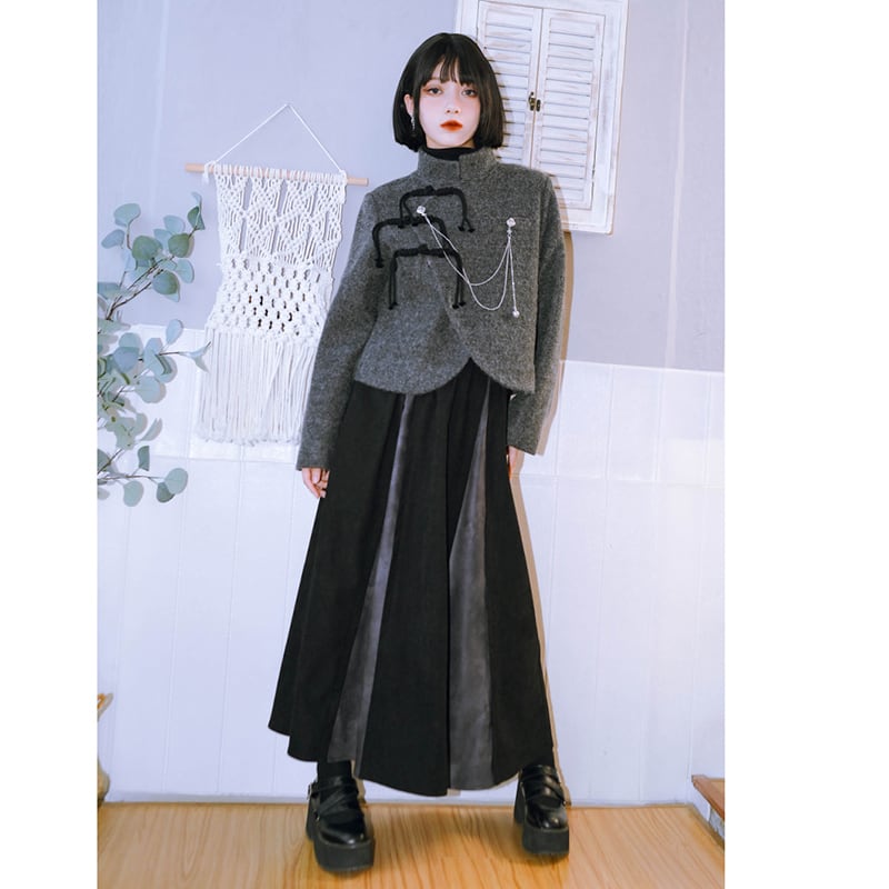 [Kokaisha---Ochienura Series] ★China style coat★ Lasha Quilted Winter Coat Short Length Gray