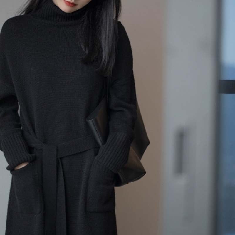 Autumn/winter knit dress, long length, simple, slimming, commuting, office lady, black, gray, pink, SML, XL