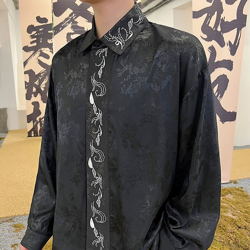 [Illustrated series] ★China style shirt★ Embroidery 2color tops long sleeve shirt unisex men's loose fit black white