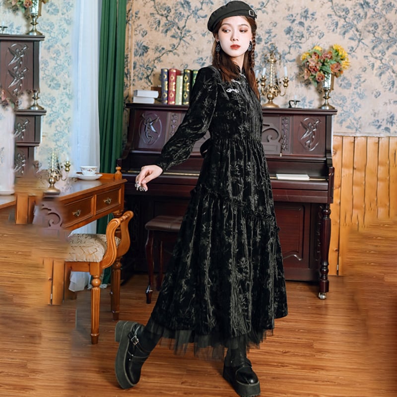 [Kokaisha --- Chichiku Series] ★China style dress★ Velvet thick black black long length