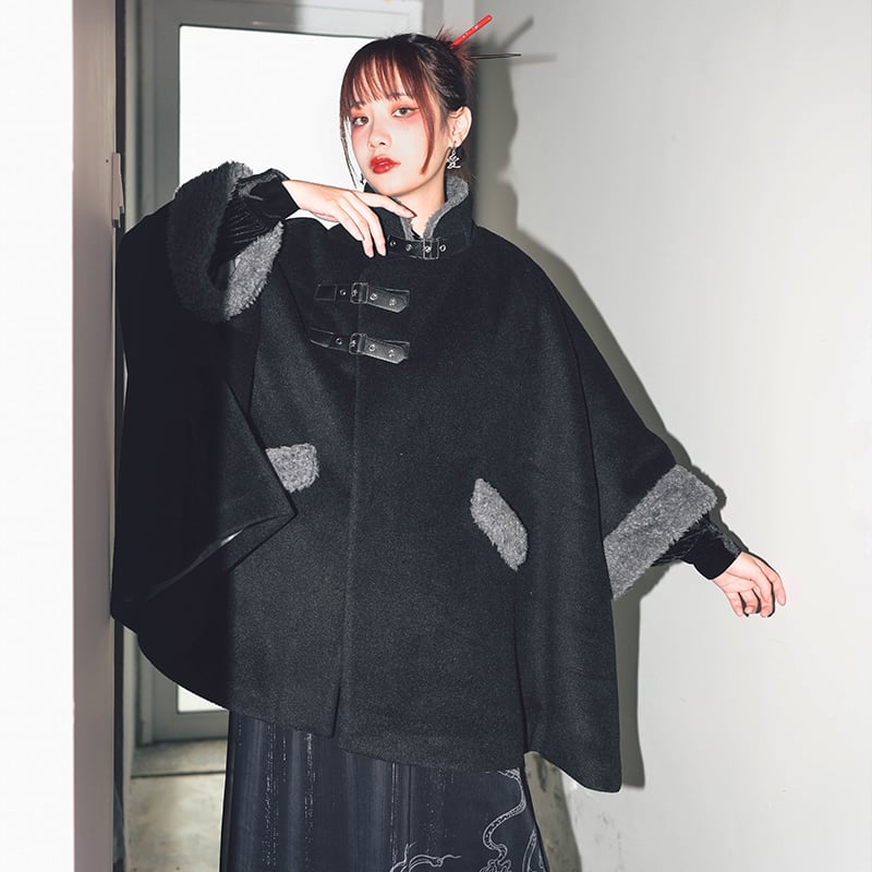 [Ancient monster house---Shanhai Jing Kunlun series] ★China style coat★ Outer coat Lasha loose thick warm black black cloak coat