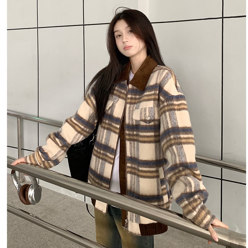 [Yuyiyeon Spicy Series] ★Outerwear★ Plaid Jacket Switching Casual Retro Easy to Match