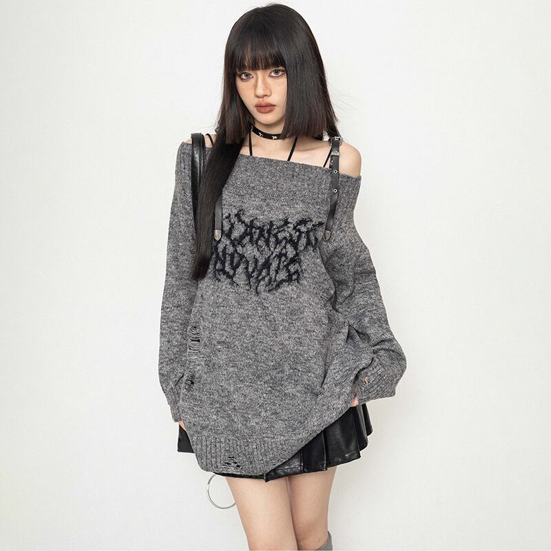 [Escaped Earth Series]★Sweater★ 2color Tops One Shoulder Sexy Gray Black Loose