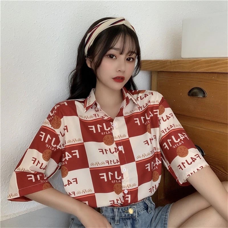 [YOUZI Series]★Retro Shirt★ Short Sleeve Shirt Tops Print Retro SML XL Thin Red Red Cute