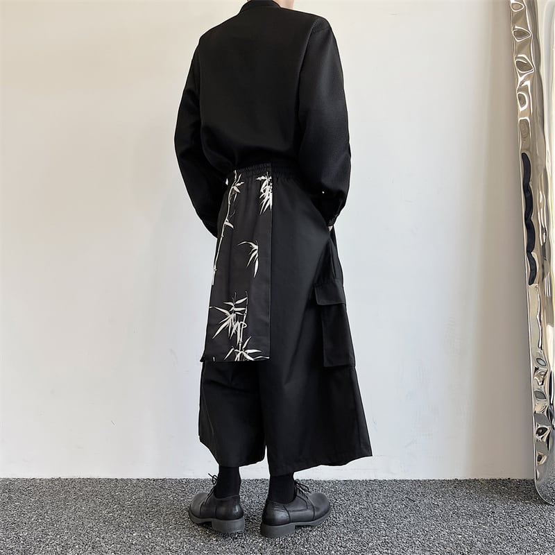 [Illustrated series] ★China style pants★ Gaucho pants unisex men's nine-quarter length black black culottes fake layered