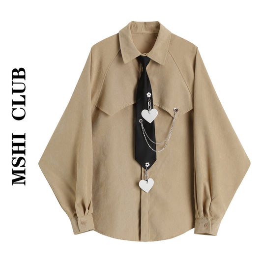 [MSHI CLUB Series]★Shirt with tie★ Long sleeve shirt Tops Loose Retro Autumn clothes Spring clothes