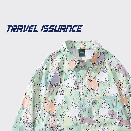 【TRAVEL ISSUANCEシリーズ】★シャツ★ 2color 長袖シャツ トップス 男女兼用 メンズ 兎 ウサギ カートゥーン 青 緑