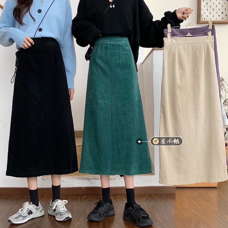 [Left Little Sister Arrival Series] ★Long length skirt★All 4 colors corduroy fabric Plain A-line Beautiful line High waist