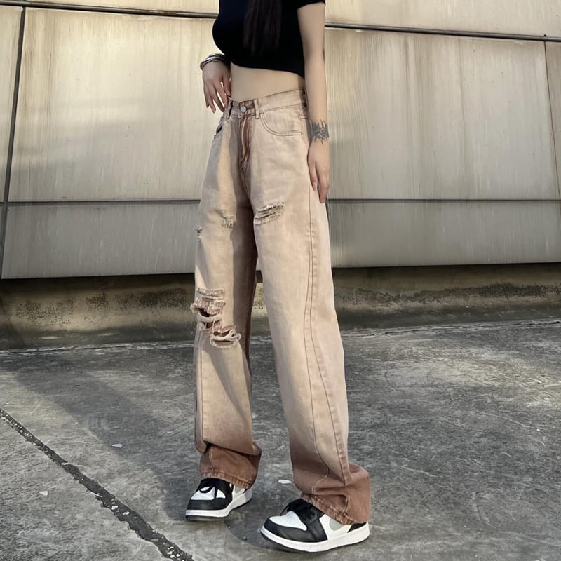 [SUFEI Series]★Denim Pants★ Trousers Bottoms Casual Distressed Unisex Brown Fashion