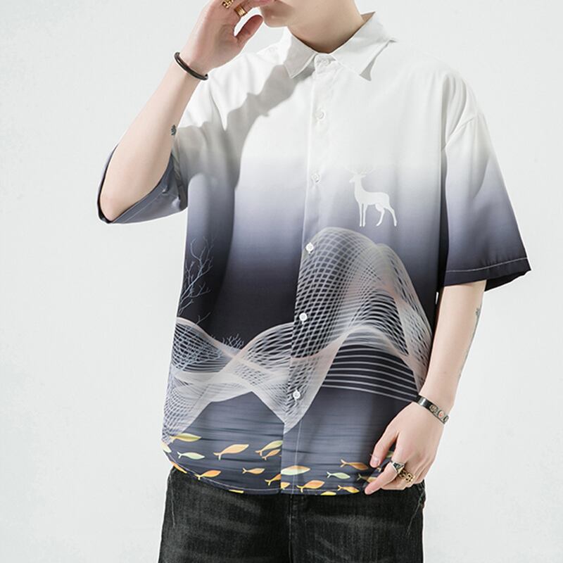 [MOWENZHAI Series] ★China Style Shirt★ Ink Pattern Short Sleeve Shirt Tops Unisex Men's Large Size