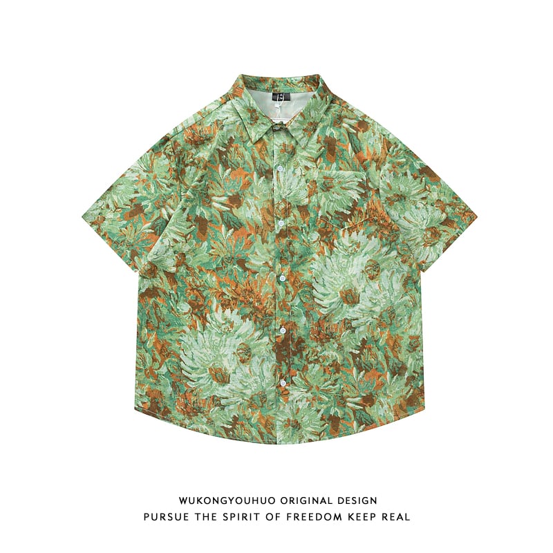 [WEIJIA Series]★Oil Painting Style Shirt★ Tops Print Short Sleeve Shirt Unisex Men's Summer Clothes Thin Cute Green