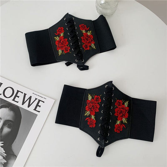 [Yuwei Series]★Belt★ Elastic Embroidered Rose Accessory Small Item Black Black Easy to match