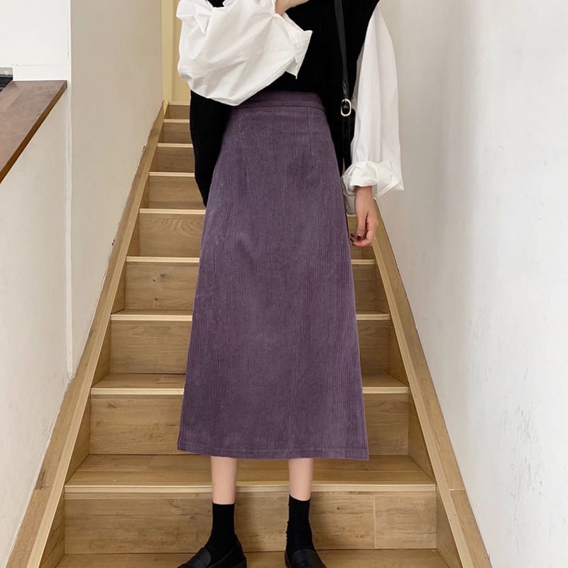 [Left Little Sister Arrival Series] ★Long length skirt★All 4 colors corduroy fabric Plain A-line Beautiful line High waist