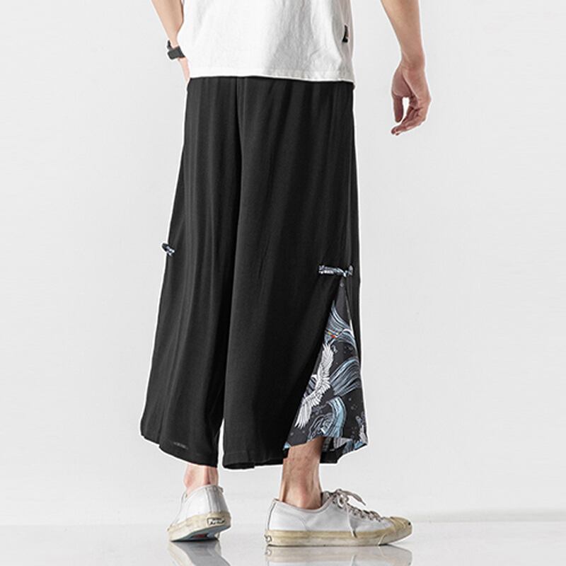 [Mowensai Series]★China style trousers★Men's 3color cotton crane print loose large size black white blue