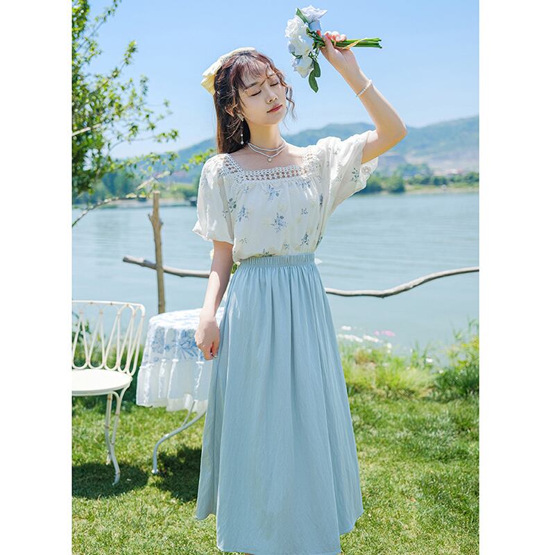 [Shirasu Series] ★Skirt★ Bottoms 2color Elastic Waist Plain Ladies Date Improves Temperament Easy to Match Simple Blue Pink