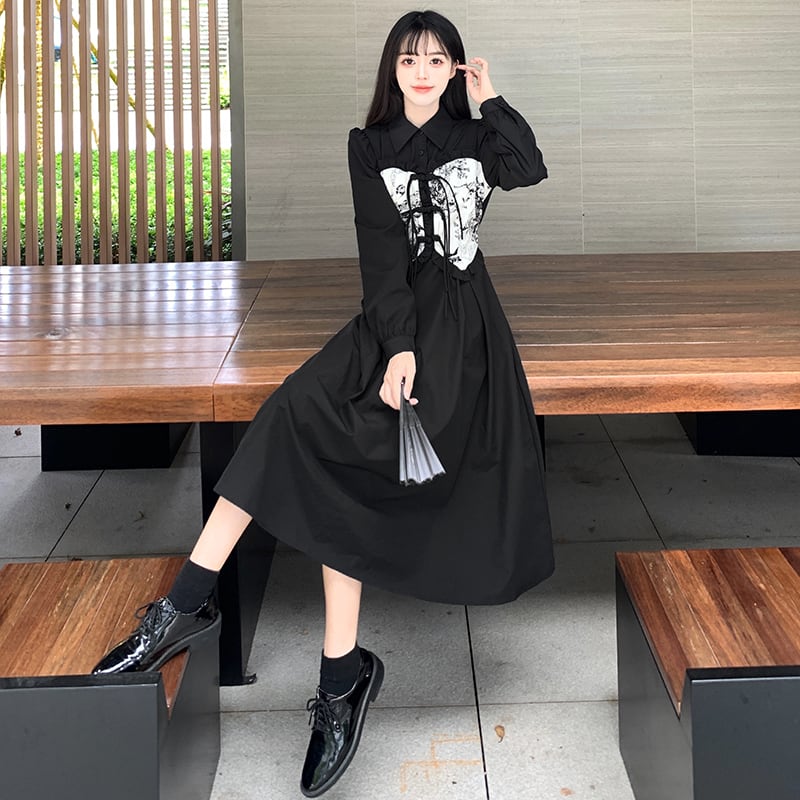 [Dong Xiaojie Series] ★China style dress★ Ink pattern long sleeve dress long length dress black black large size slimming