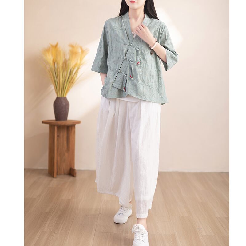 [Qing series] ★China style tops★ Shirt 3color cotton linen V neck literary style blue green beige