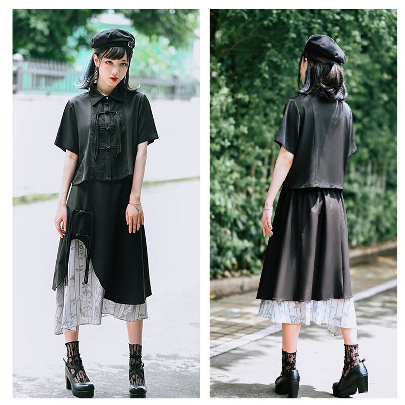 [Kokaisha --- Bamboo Series] ★Chinese style shirt★ Fringe Chinese clothing original short length black black