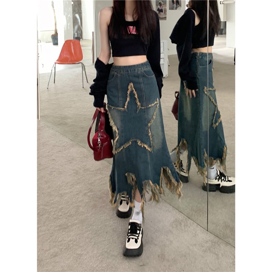 [OURI Series]★Denim Skirt★ Long Skirt Bottoms Large Size Star Star Fashionable Wear