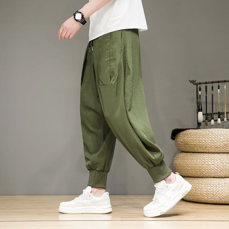 [Small Trouble Series]★China Style Pants★ 4color Unisex Men's Large Size Casual Pants Black Gray Beige Green