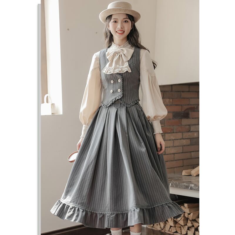 [Minami no Mori Series] ★Skirt★ Bottoms Improves temperament Cute Gray Gray SML XL Vertical stripes Ladies