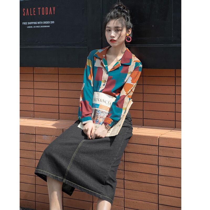 [YOUZI Series]★Retro Shirt★ Long Sleeve Shirt Tops Print Retro SML XL Thin Cute Color Scheme