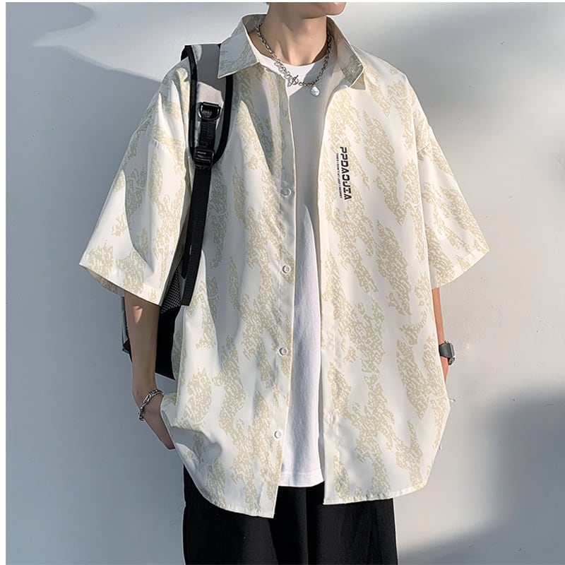 [Hyakuyakuge Series]★Shirt★ 2colors Black or White Short Sleeves Summer Print Unisex Large Size Men's Loose Fit Easy to Match