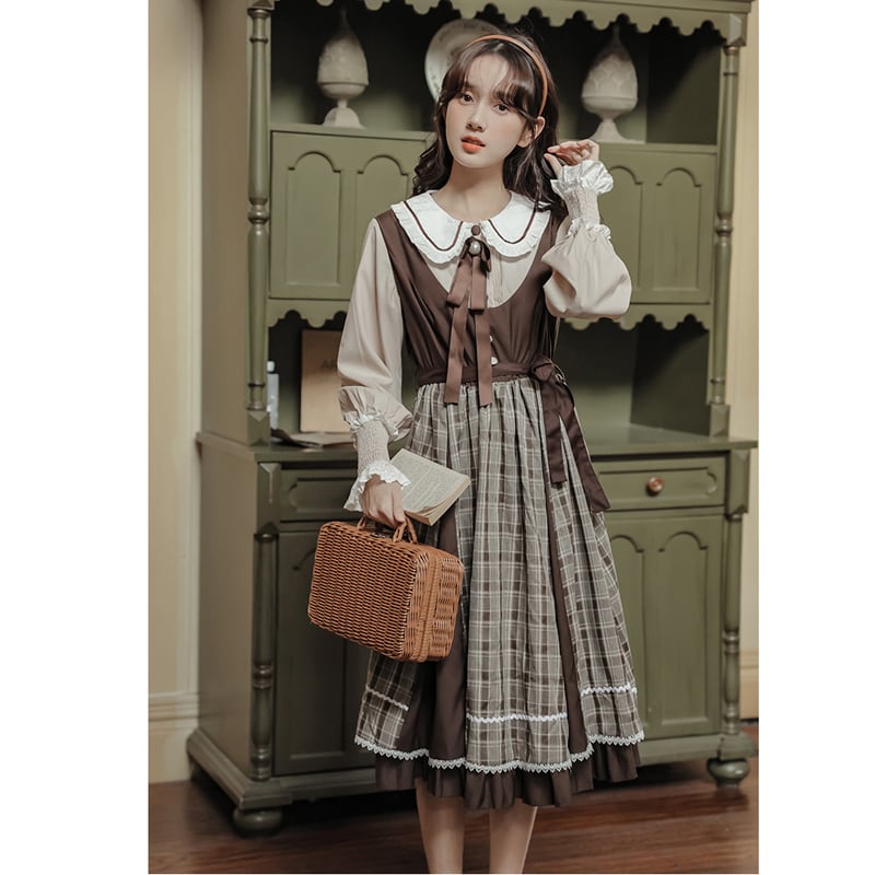 [DACHENGZI Series] ★Dress★ Fake Layered Dress Checkered Pattern Cute Retro S M L XL