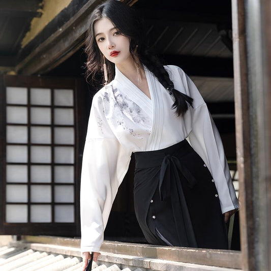 [HUAYUAN Series] ★Chinese style shirt★ Long sleeve tops V-neck temperament enhancement Chinese clothing White White Retro