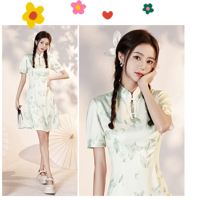 [YUEQIAO series]★Cheongsam dress★ 2color short length Chinese style dress Beige Green