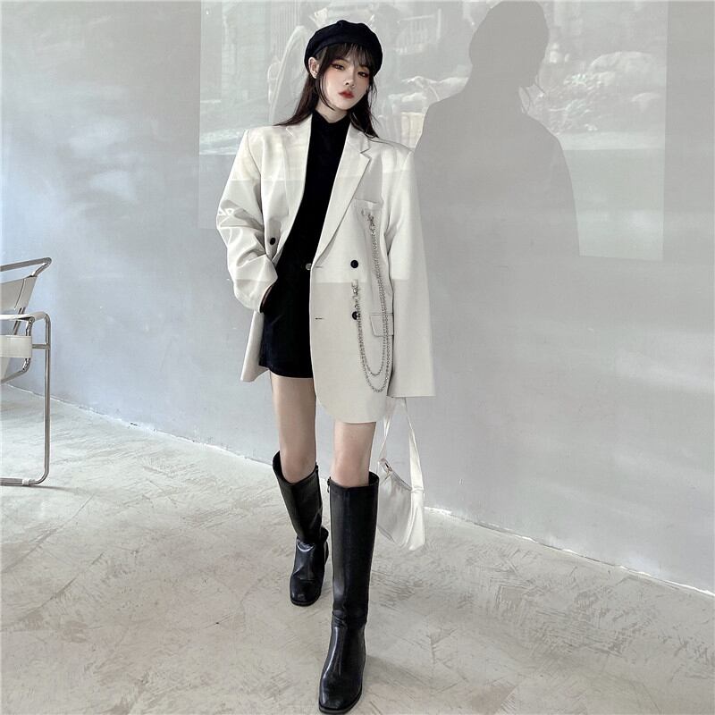 [Miyakoya Series]★Blazer with chain★ 2color black or beige outerwear unisex costume retro simple