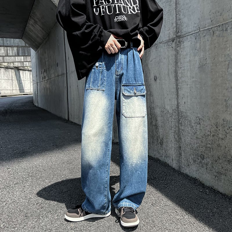 [PV Series]★Denim Pants★ 2color Bottoms Unisex Men's Large Size Pocket Blue Black