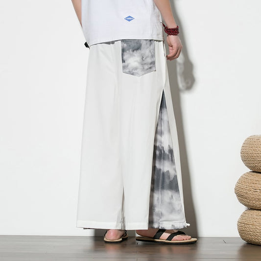 [Grass ink series] ★Chinese style pants★ 2 colors, black or white, men's gaucho pants, gaucho, ink print, loose fit