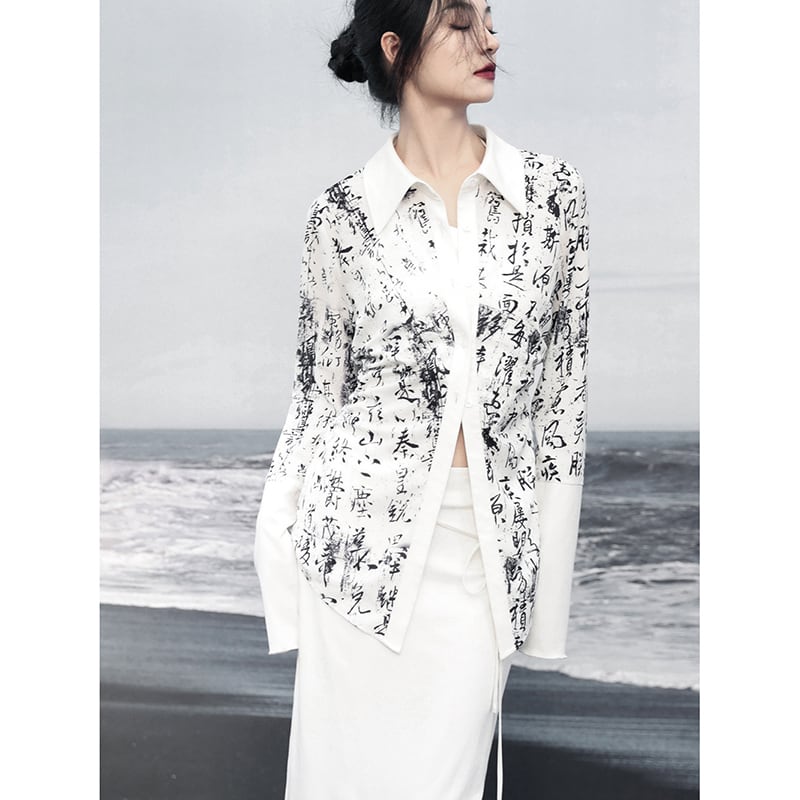 [Da Qinglong Shu Series] ★Chinese Style Shirt★ Tops Letter Pattern Long Sleeve Shirt Chinese Clothes Original White White