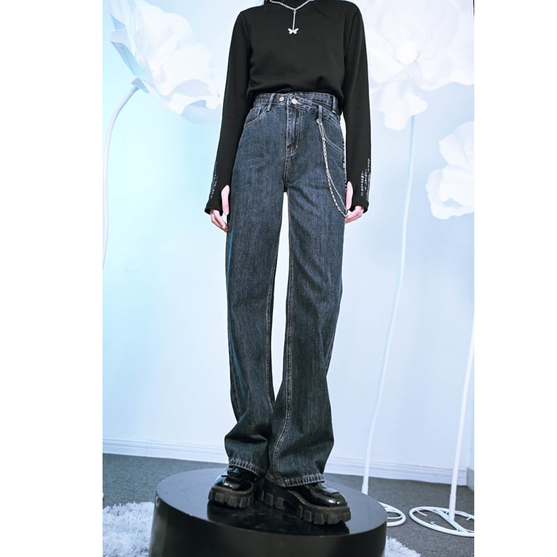 [Kokaisha---Tide Law Series] ★Denim pants with chain★ 2color bottoms slimming black gray blue SML XL