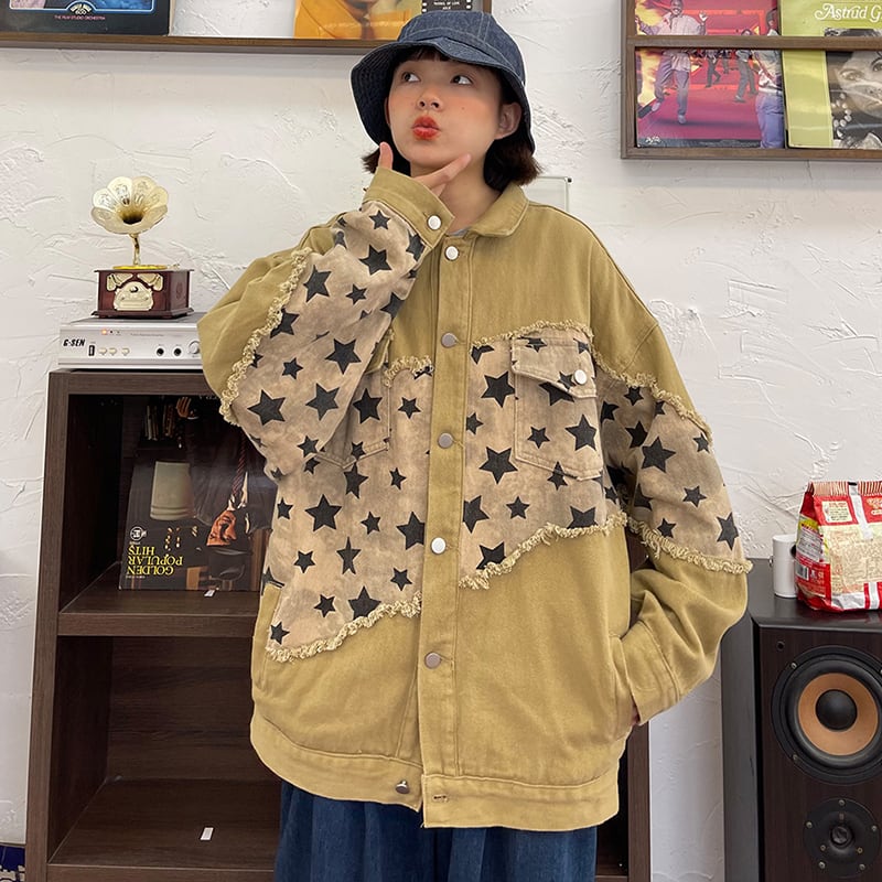 [Fujiman Series] ★Jacket★ 2color outer denim jacket casual star pattern unisex men's easy to match