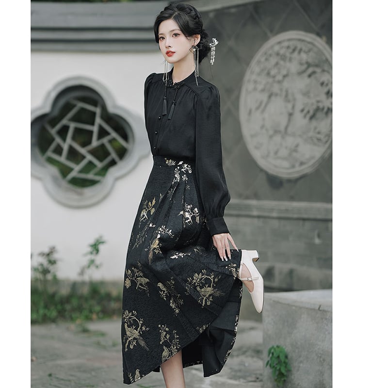 [BAIRIMENG Series]★China Style Skirt★Bottoms Floral Skirt Women's Temperament Enhancement Black Black