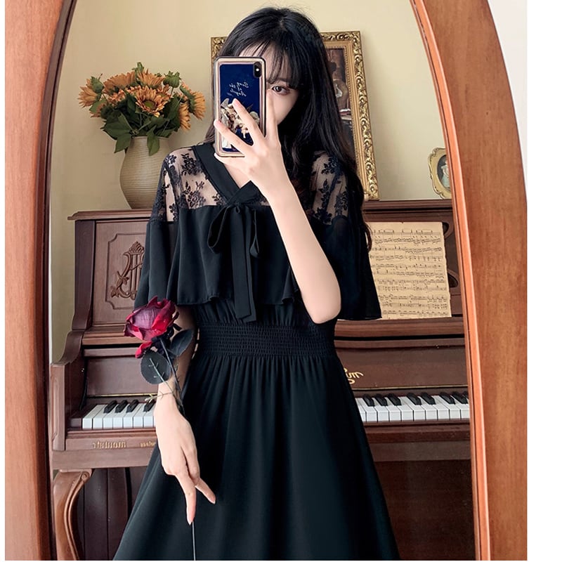 [Dong Xiaojie Series] ★Dress★ Large size lace chiffon switching black black V neck short sleeve summer