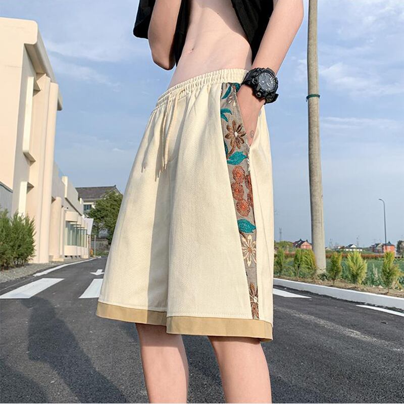 [V37 Series] ★Shorts★ 2color Black or Beige Shorts Summer Clothes Embroidery Floral Pattern Unisex Large Size